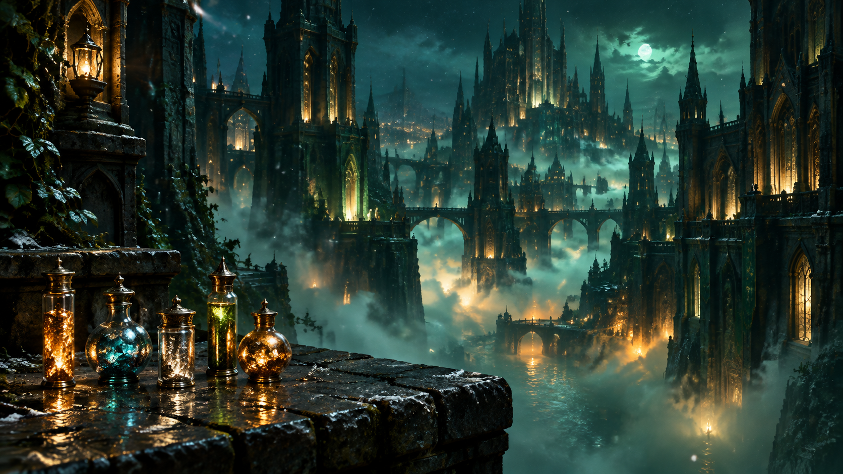 Ilustración de una ciudad envuelta en bruma con un cielo rojizo